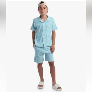 Ben Sherman- Boys' 2 Piece Cabana Terry Cloth Shirt & Shorts Set, Blue, Size M